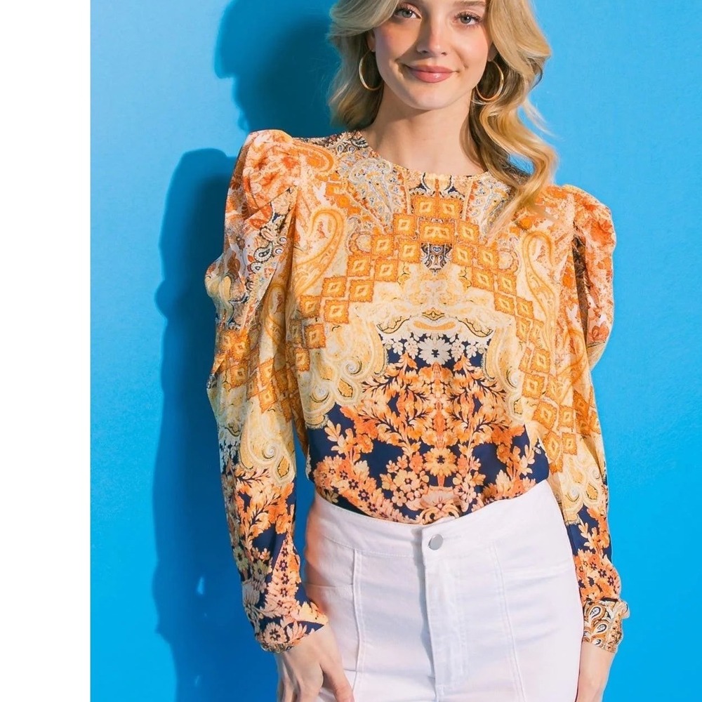 Flying Tomato Paisley Puff Sleeve Blouse Orange Navy Boho Top‎ XS IT11429-VC